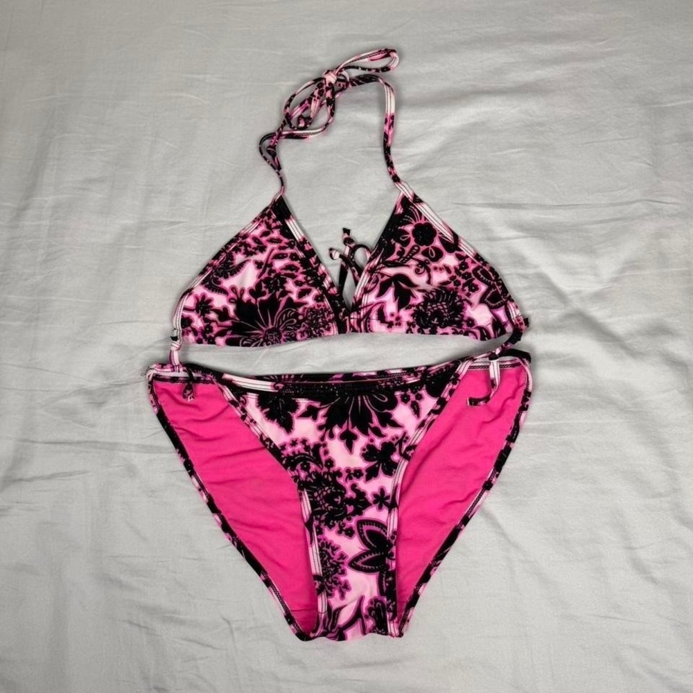 y2k Deb pink & black emo scene grunge two piece swimsuit bikini